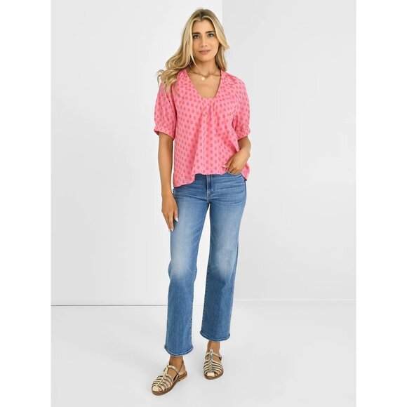 NWT size S‎ Never A Wallflower pink 9 dot punch marakesh blouse top short slv - Picture 3 of 11